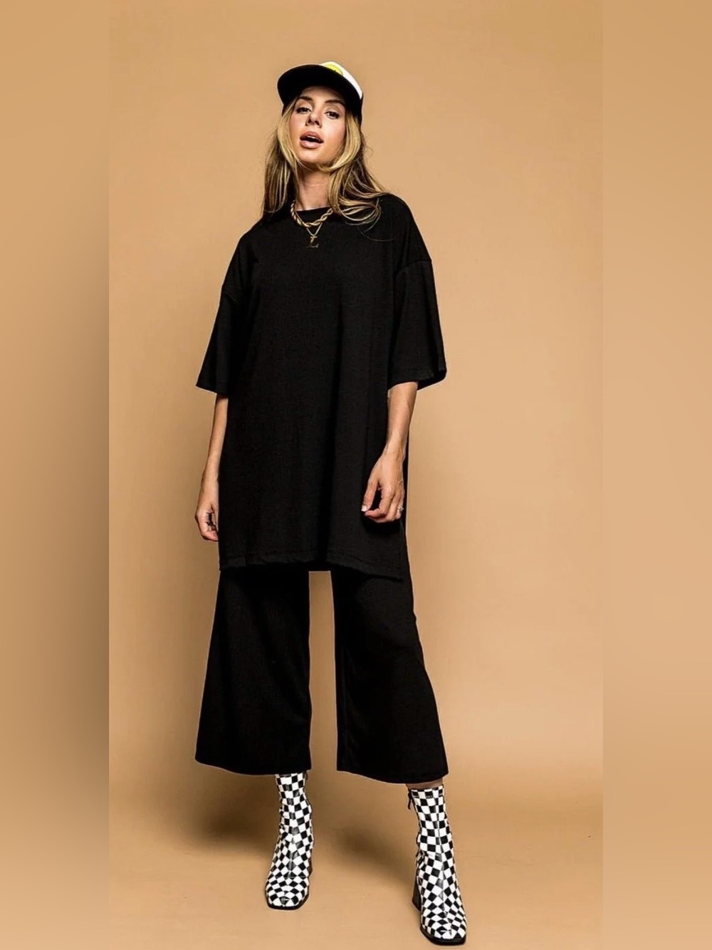 Dressed in LALA Lex Playsuit with Oversized Black Tunic with Wide-Leg Pants